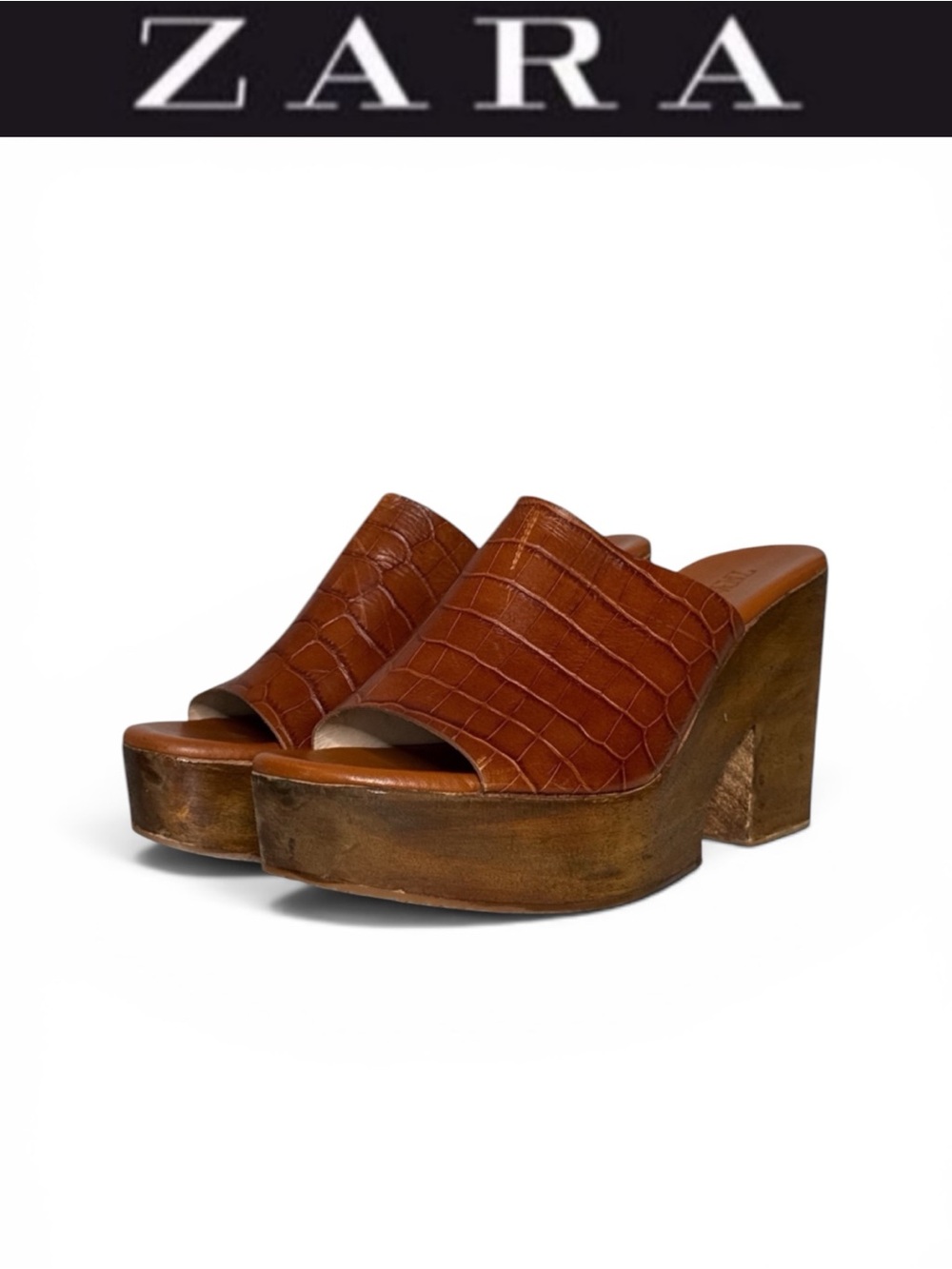 ZARA CROC EMBOSSED WOODEN PLATFORM MULE HEELS COGNAC LEATHER BOHO SLIDES SIZE 10